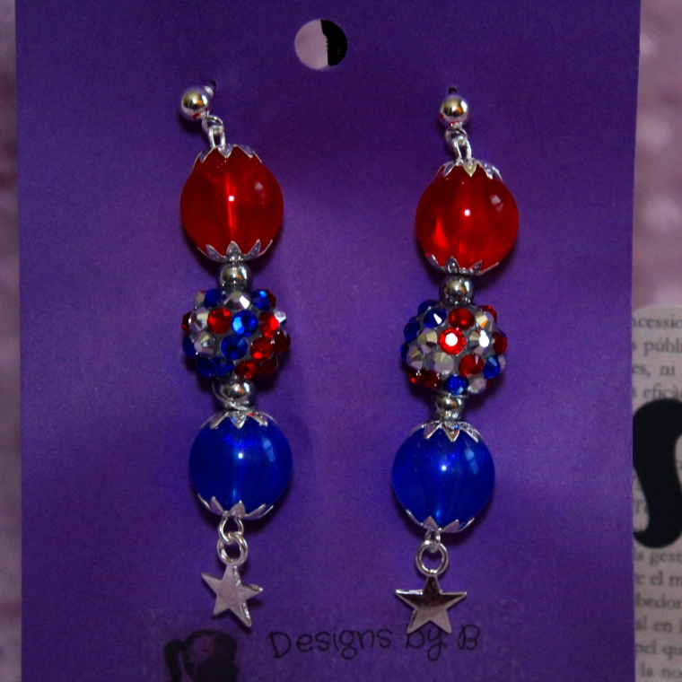 Sparking Red, White And Blue Glass Bead Dangle Earrings